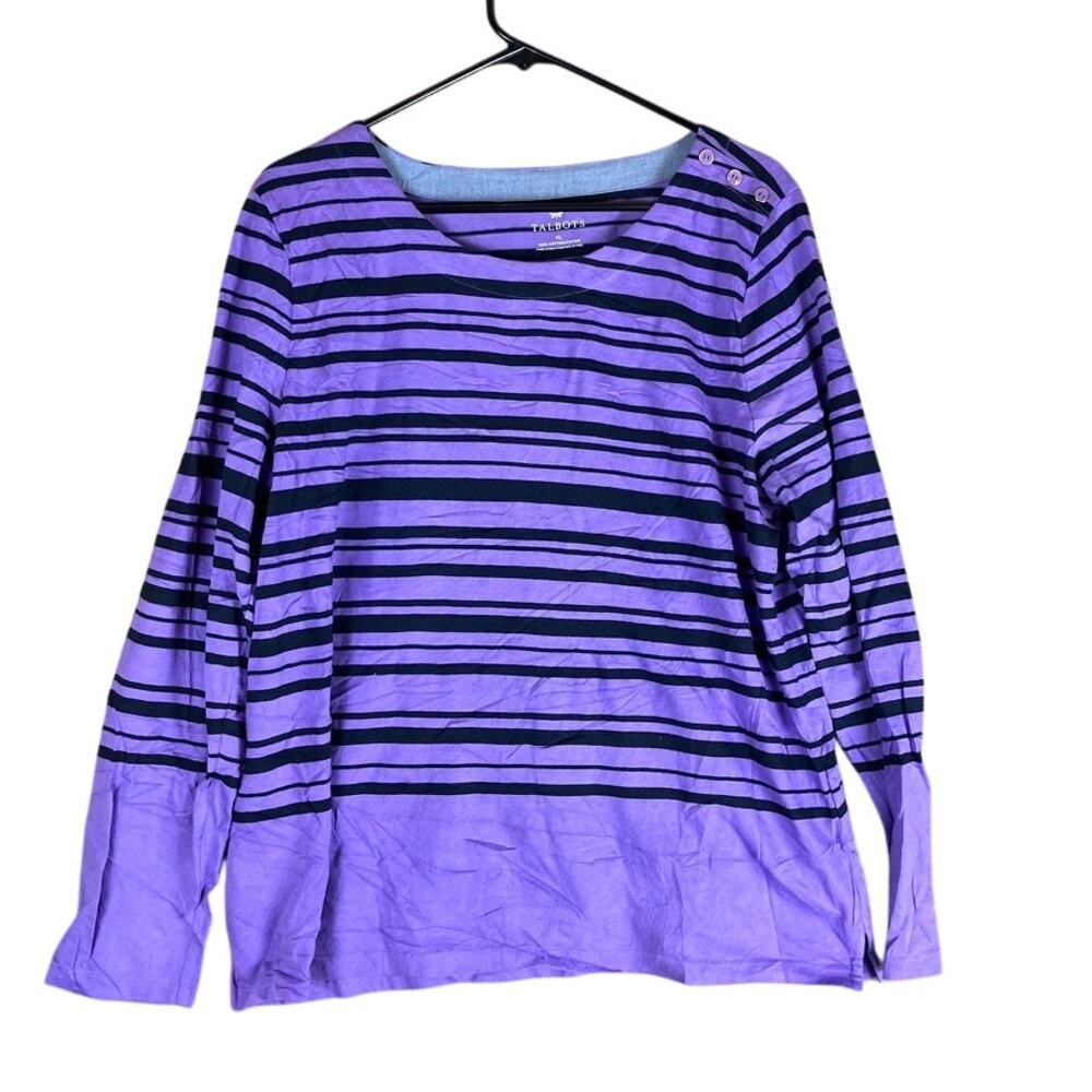 Talbots Womens Shirt Purple Black Striped Long Sleeve Round Neck 100% Cotton XL